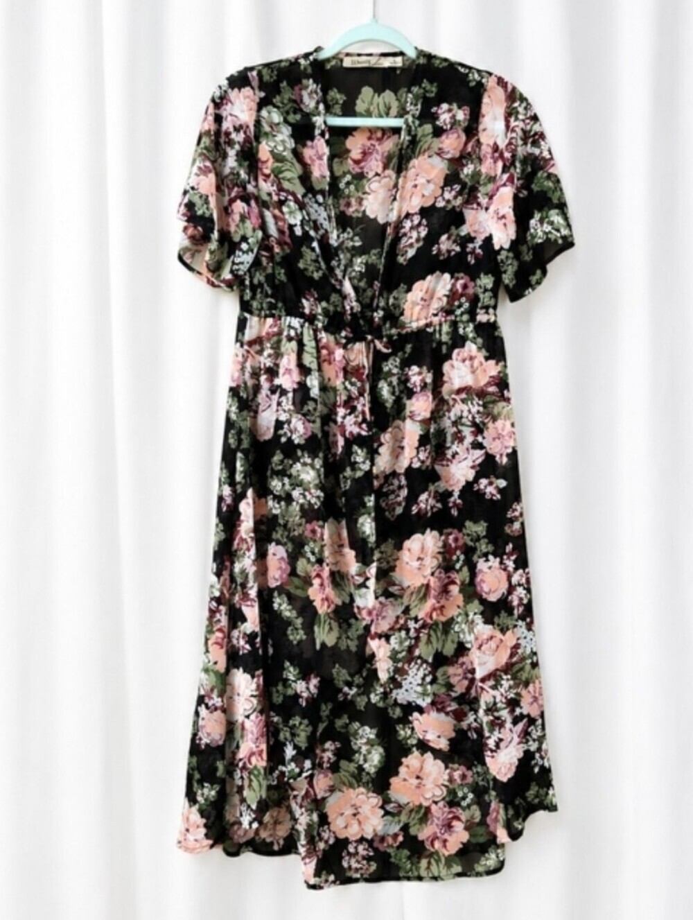 Liberty Love Sheer Floral Duster Tie Front Shrug Cardigan M Boho Kimono Cottage